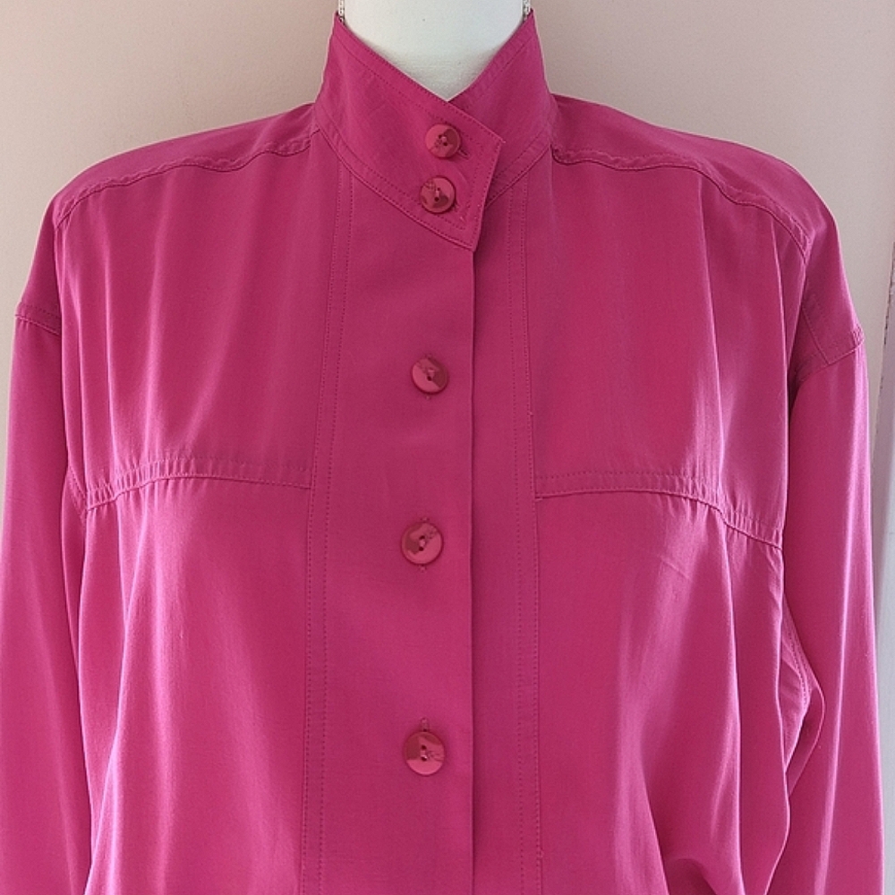 Vintage 1980's Bright Pink Dress Belted Button Down High Neck Pockets Size 10 - Picture 3 of 16